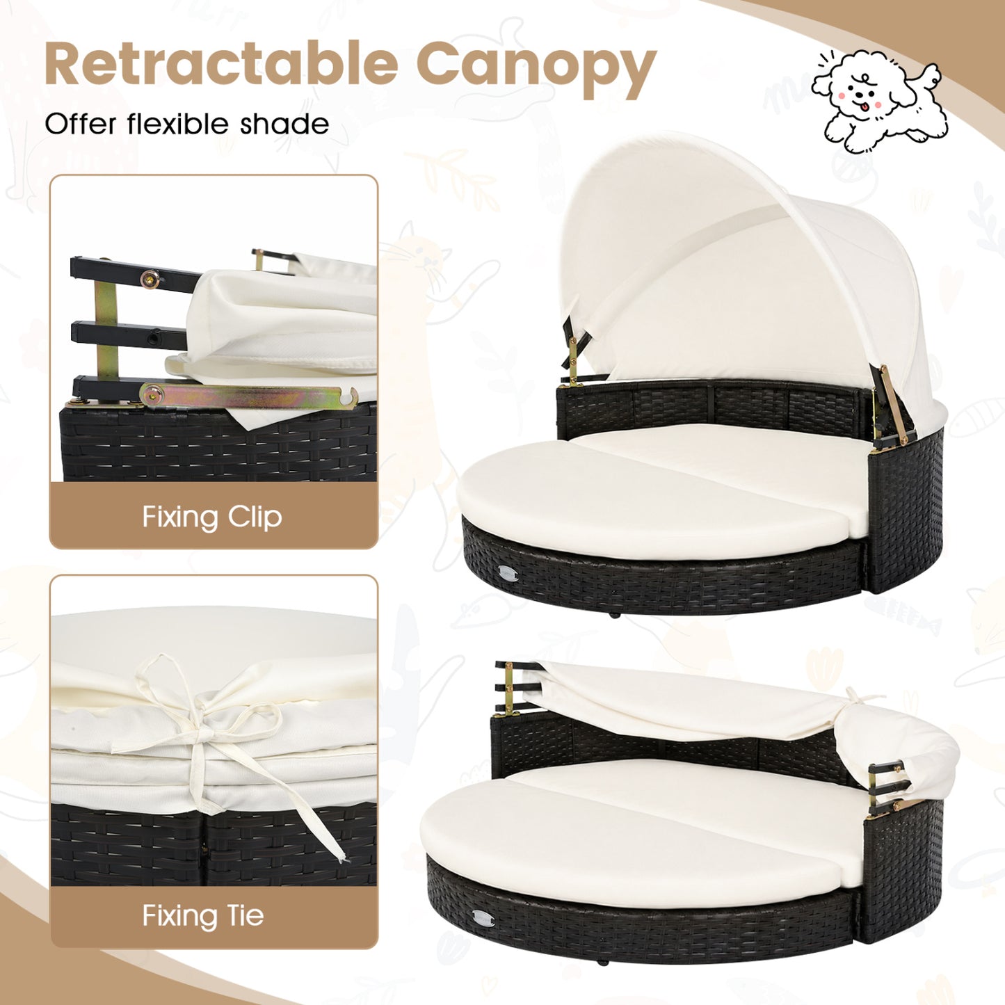 Wicker Dog House with Retractable Canopy & Cushion