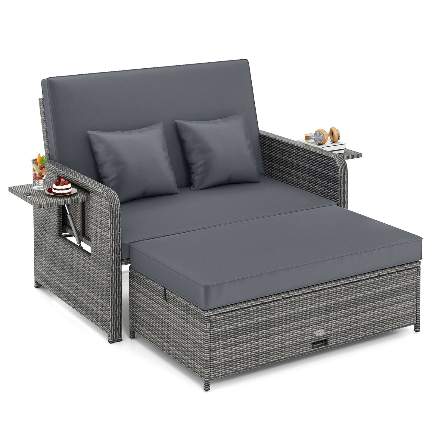 Wicker Loveseat Sofa with Multipurpose Ottoman and Retractable Side Tray-Gray