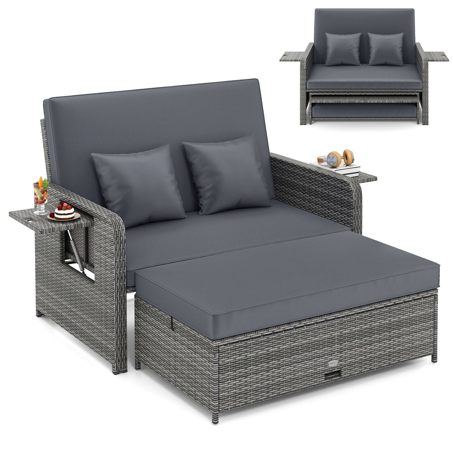 Wicker Loveseat Sofa with Multipurpose Ottoman and Retractable Side Tray-Gray
