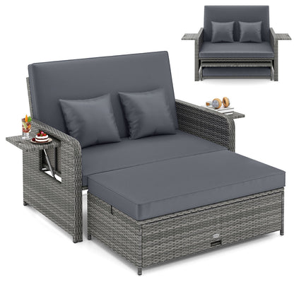 Wicker Loveseat Sofa with Multipurpose Ottoman and Retractable Side Tray-Gray