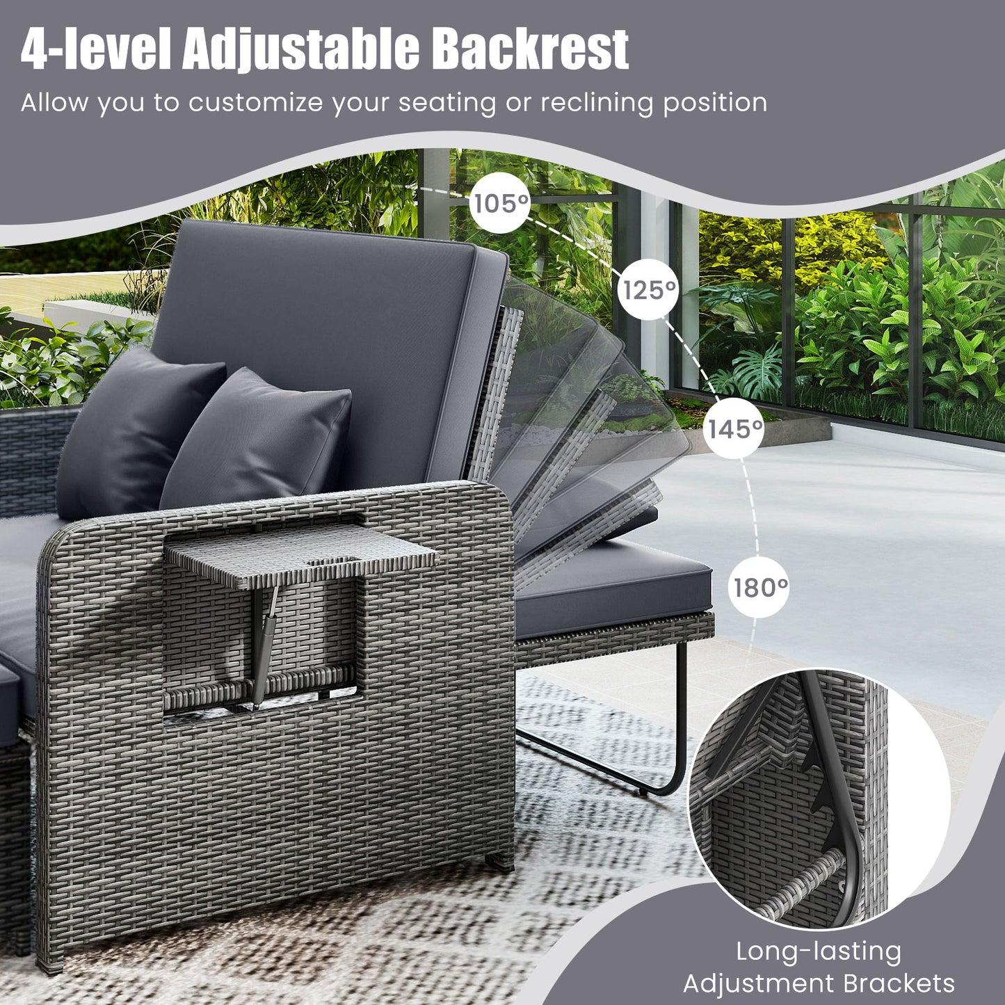 Wicker Loveseat Sofa with Multipurpose Ottoman and Retractable Side Tray-Gray