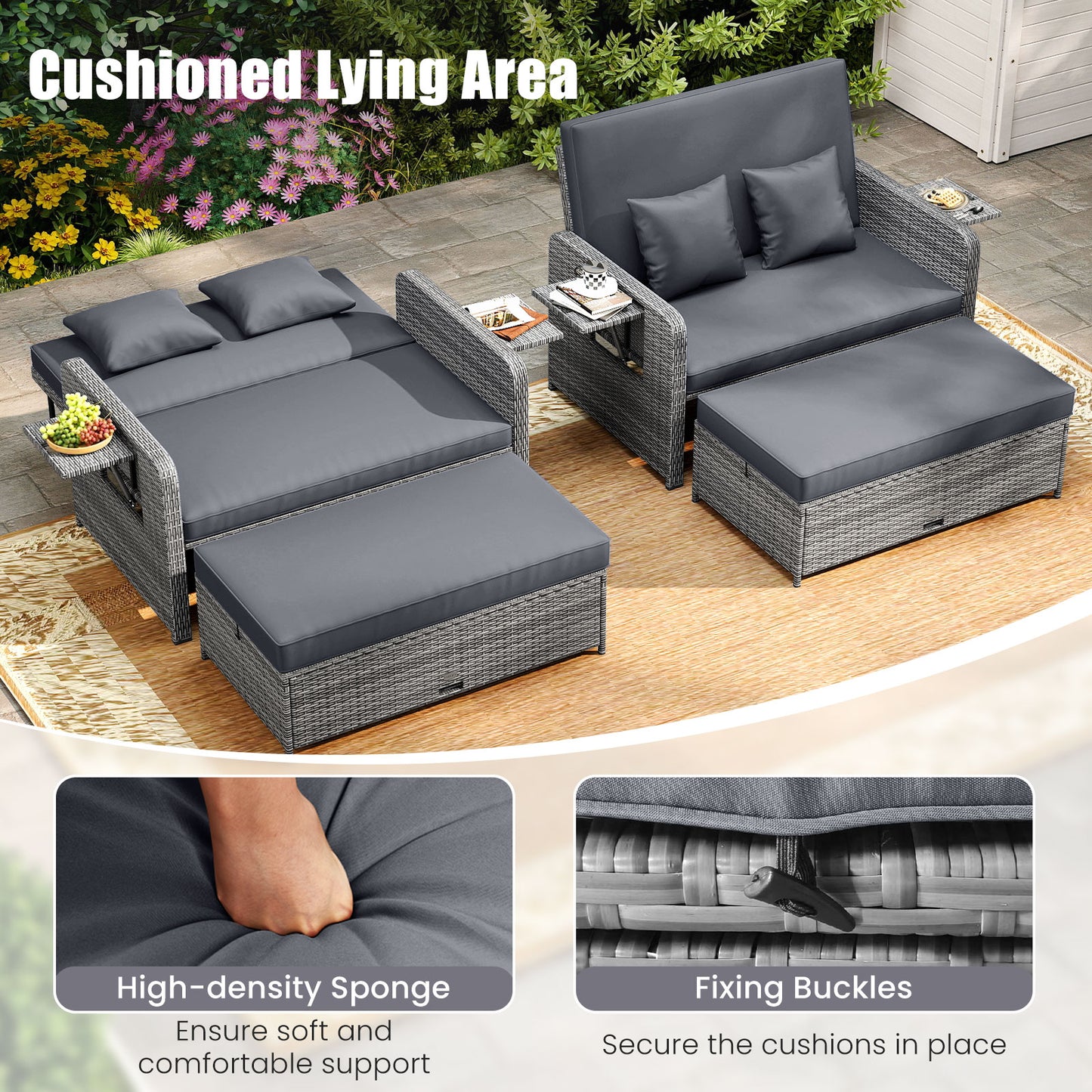 Wicker Loveseat Sofa with Multipurpose Ottoman and Retractable Side Tray-Gray
