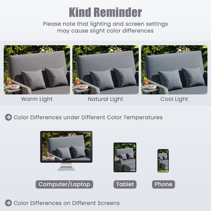 Wicker Loveseat Sofa with Multipurpose Ottoman and Retractable Side Tray-Gray