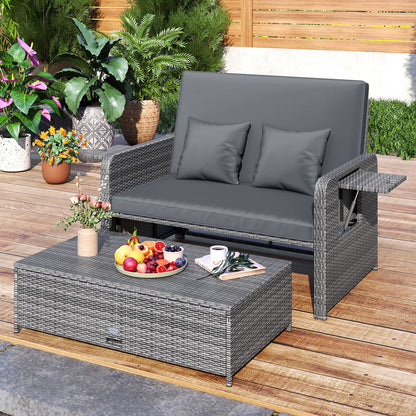 Wicker Loveseat Sofa with Multipurpose Ottoman and Retractable Side Tray-Gray