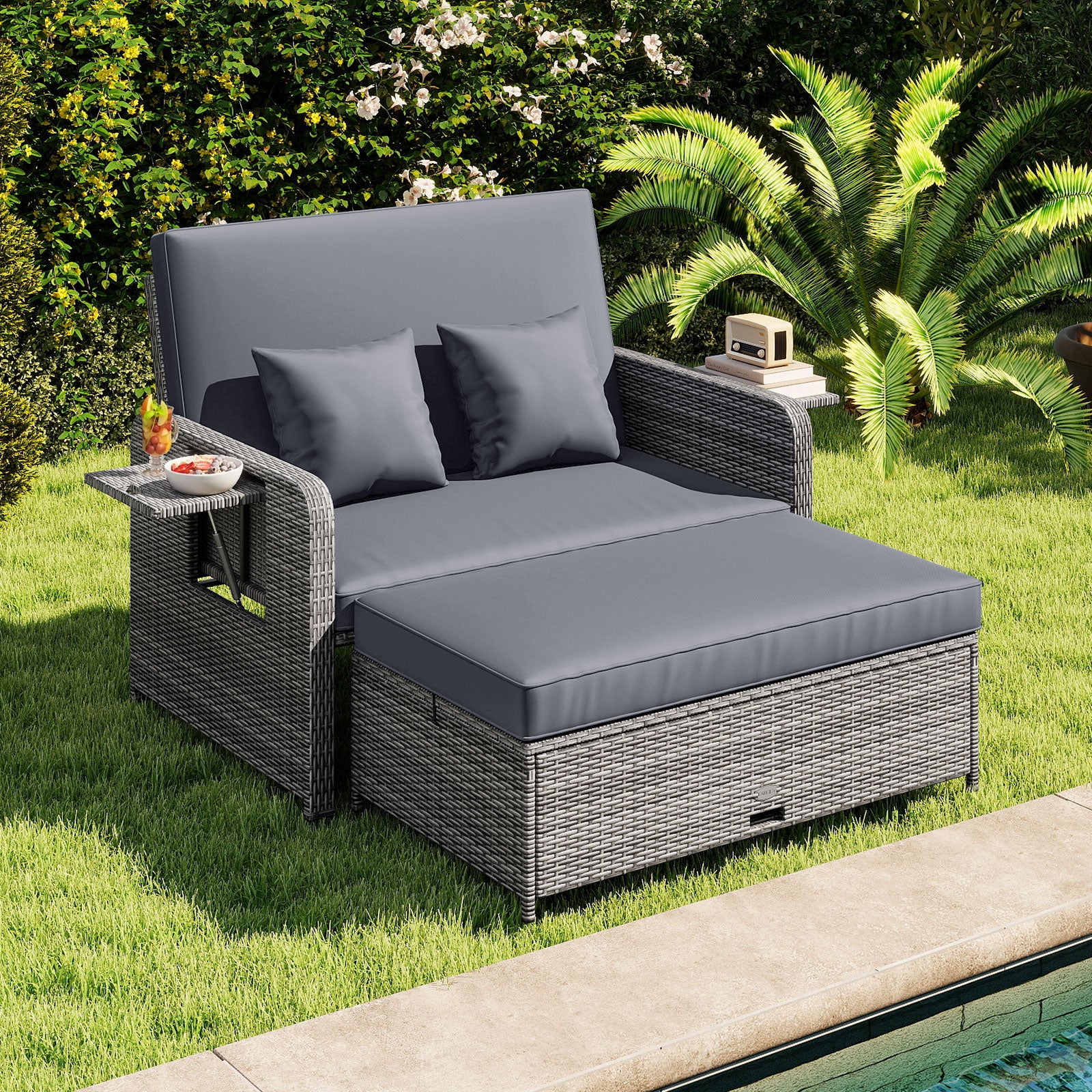 Wicker Loveseat Sofa with Multipurpose Ottoman and Retractable Side Tray-Gray