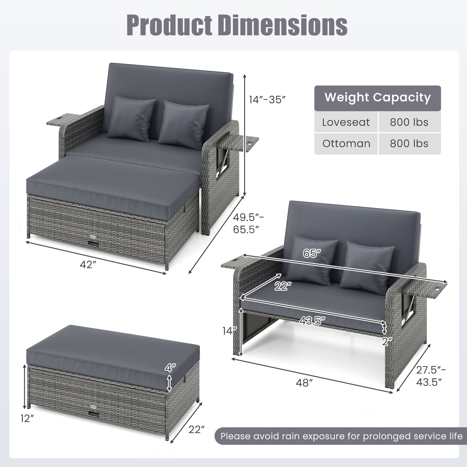 Wicker Loveseat Sofa with Multipurpose Ottoman and Retractable Side Tray-Gray