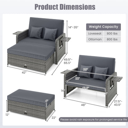 Wicker Loveseat Sofa with Multipurpose Ottoman and Retractable Side Tray-Gray