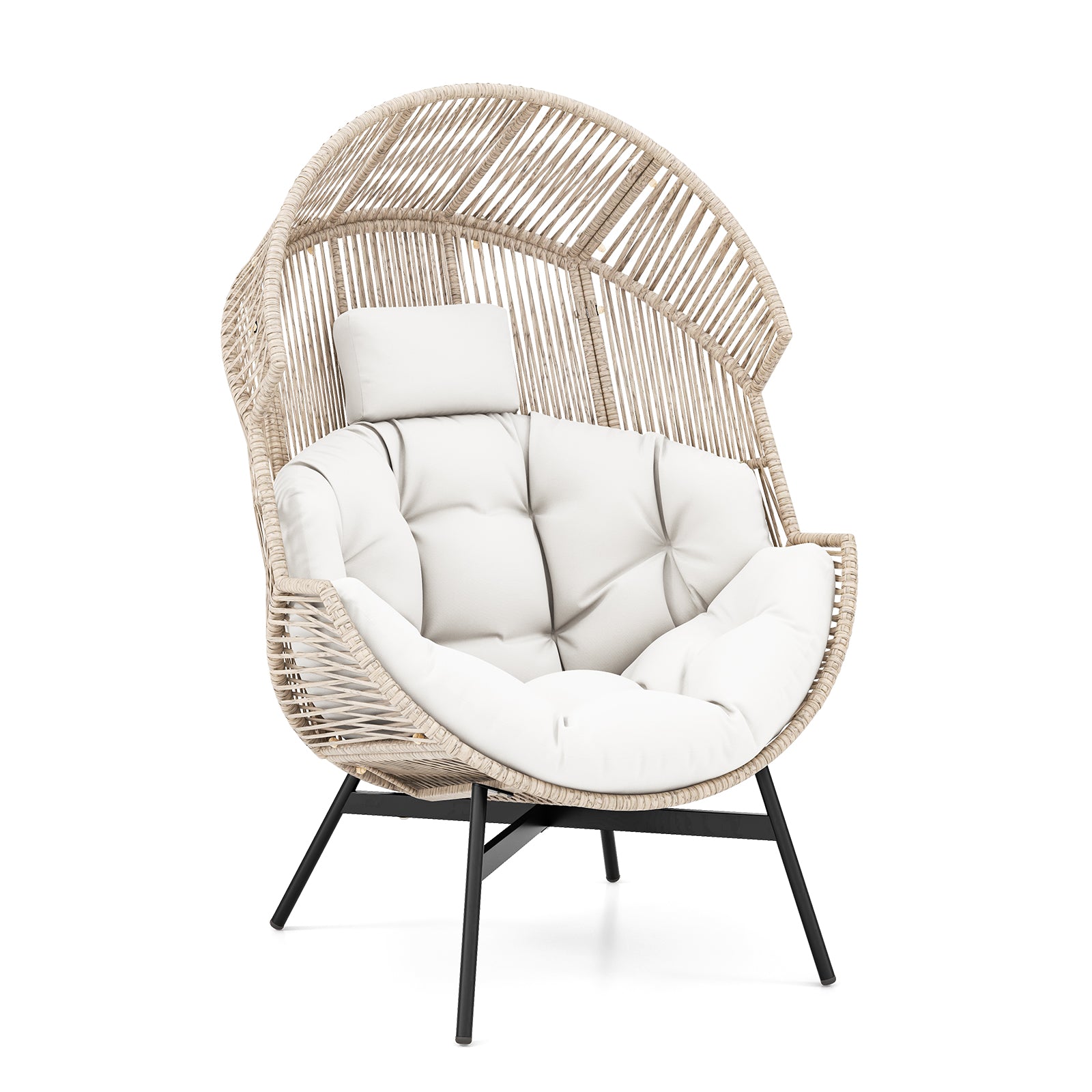Wicker Oversized Egg Style Chair with Cushions and Headrest-Off White - Off White