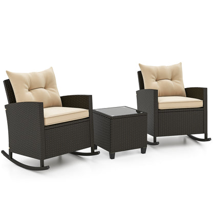 Patio Rattan Roker Chairs with Tempered Glass Table and Soft Cushions for Backyard Poolside Porch-Gray - Beige
