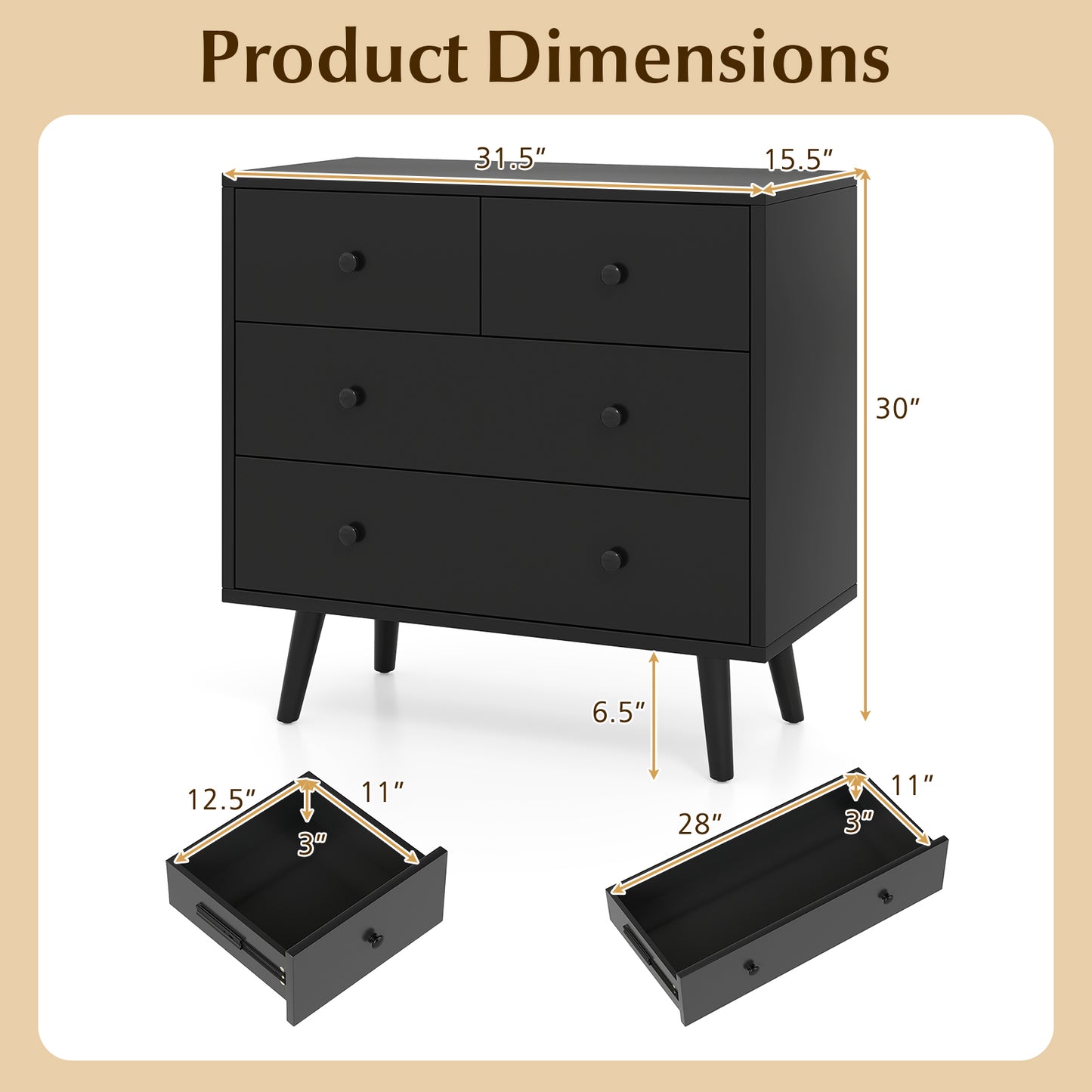 Wide Wooden Dresser with 4 Drawers for Bedroom Living Room-Black