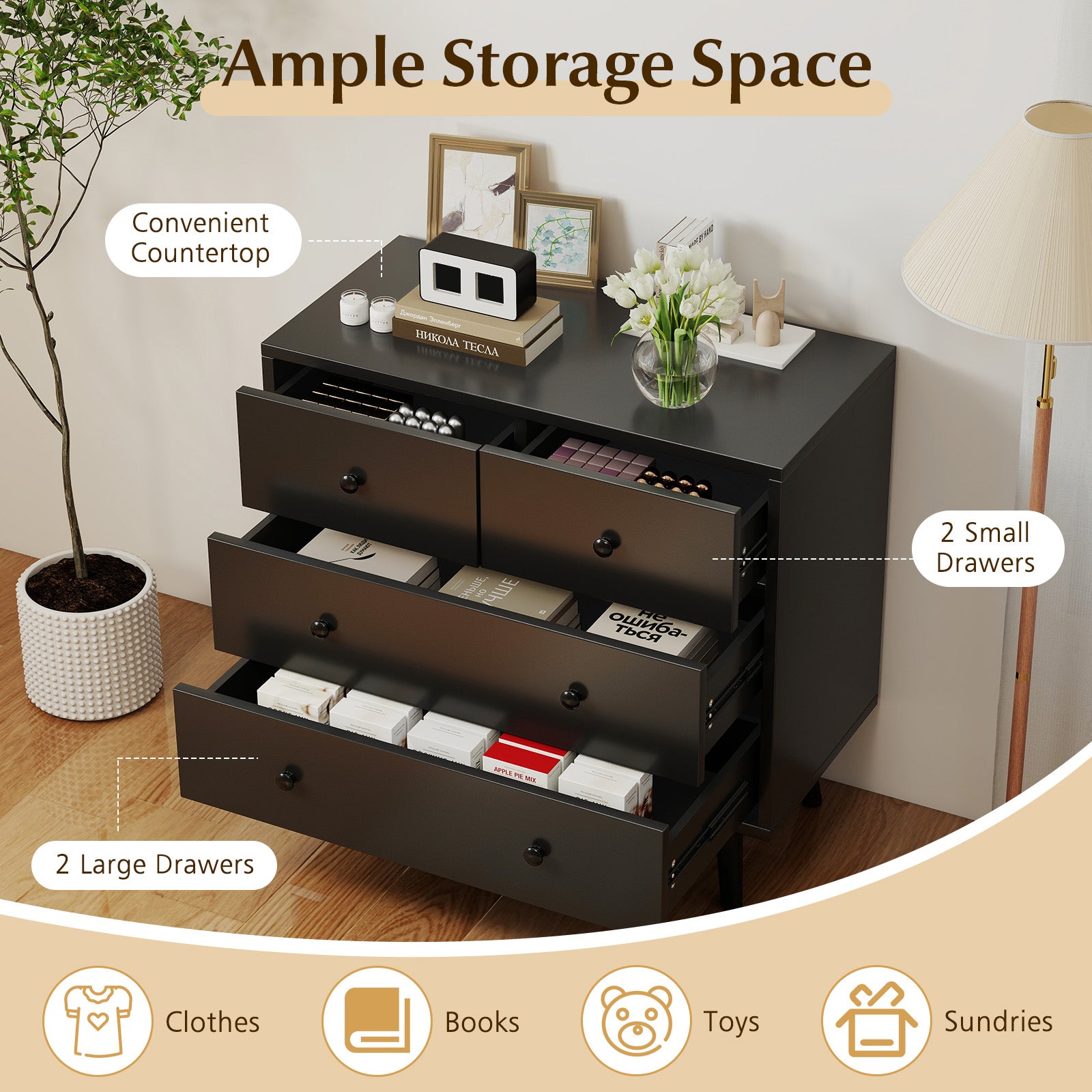 Wide Wooden Dresser with 4 Drawers for Bedroom Living Room-Black