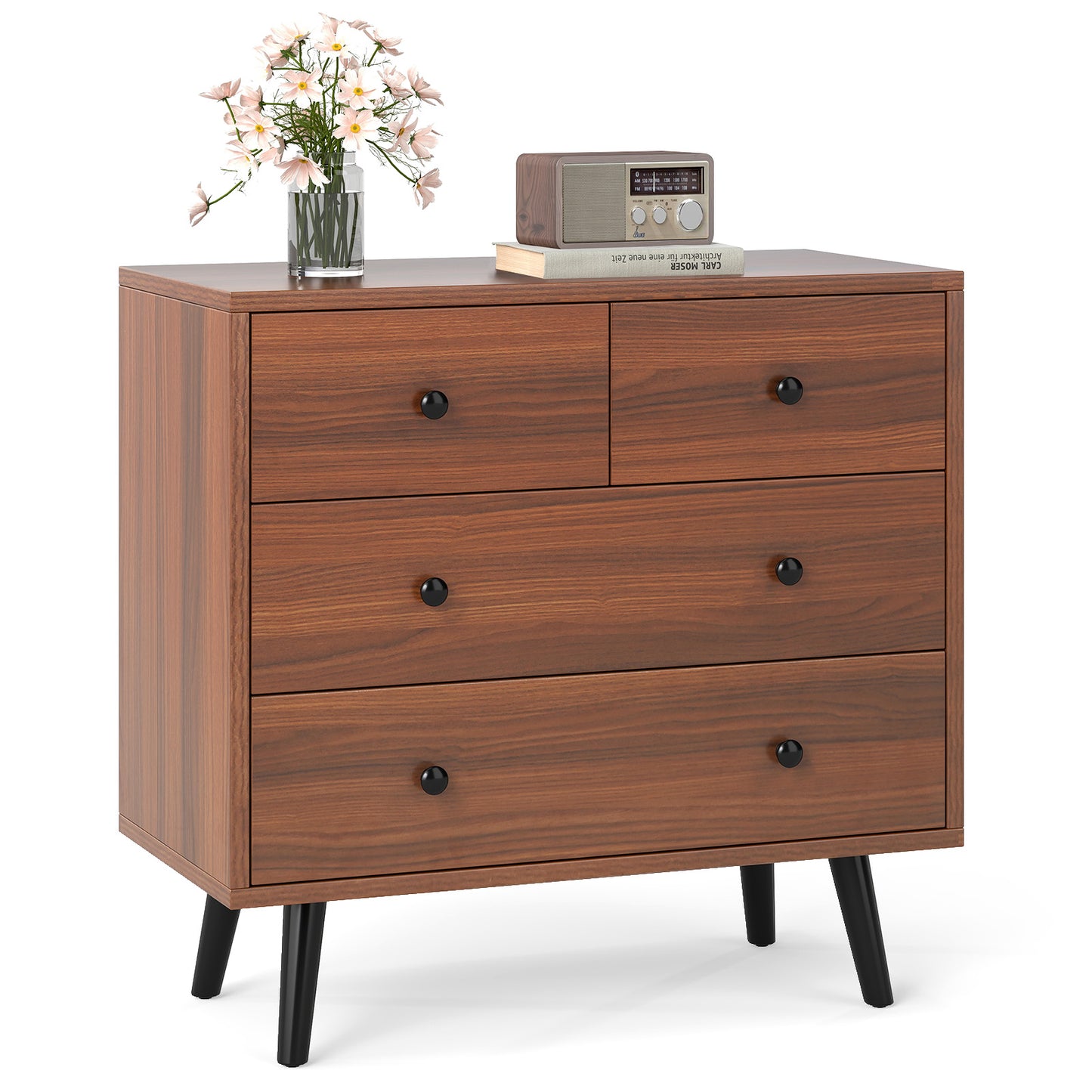 Wide Wooden Dresser with 4 Drawers for Bedroom Living Room-Walnut