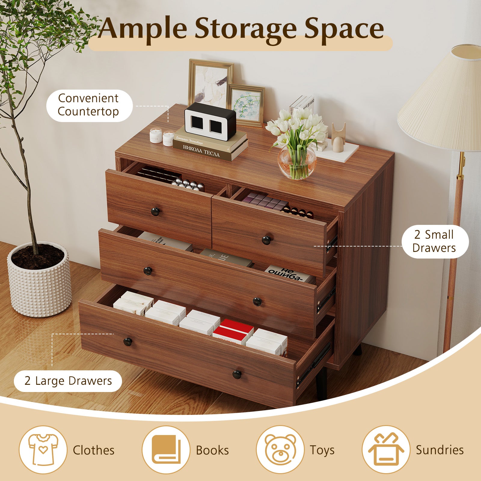 Wide Wooden Dresser with 4 Drawers for Bedroom Living Room-Walnut