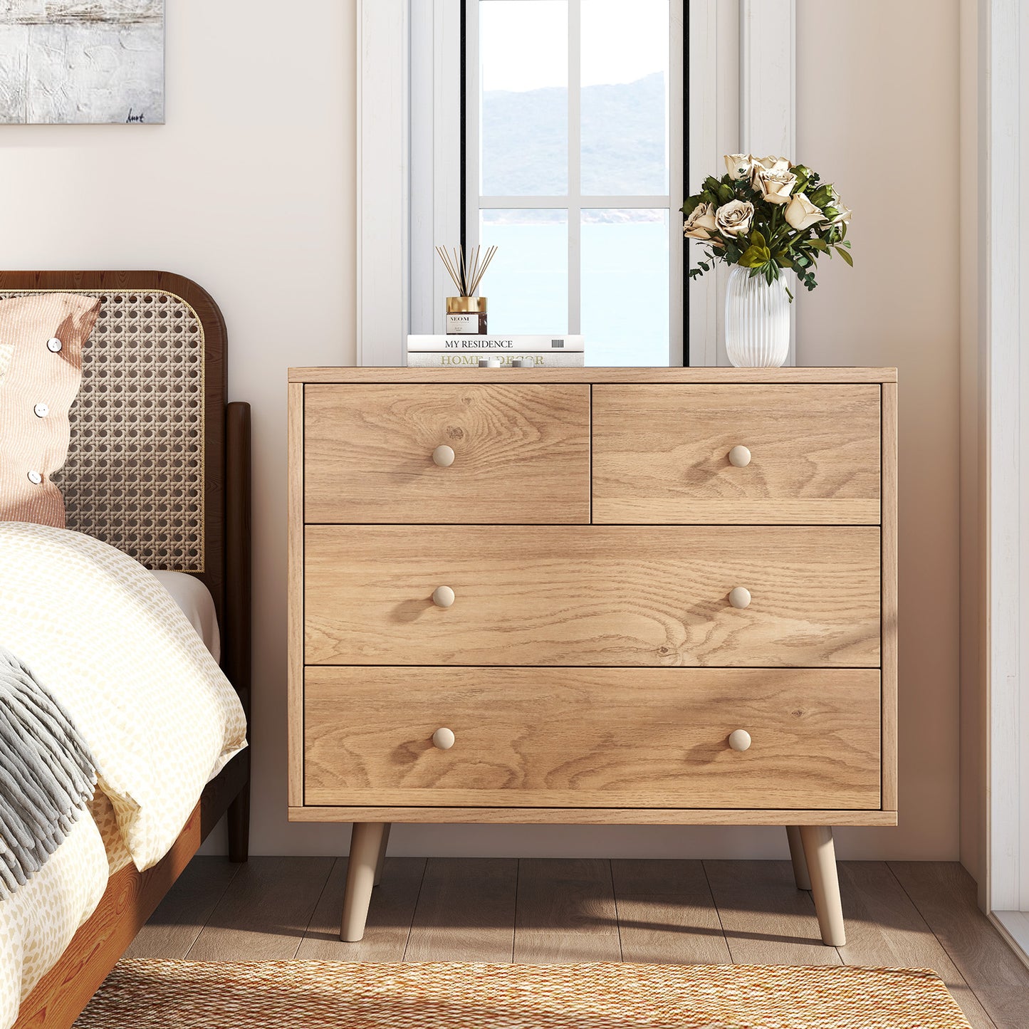Wide Wooden Dresser with 4 Drawers for Bedroom Living Room-Natural