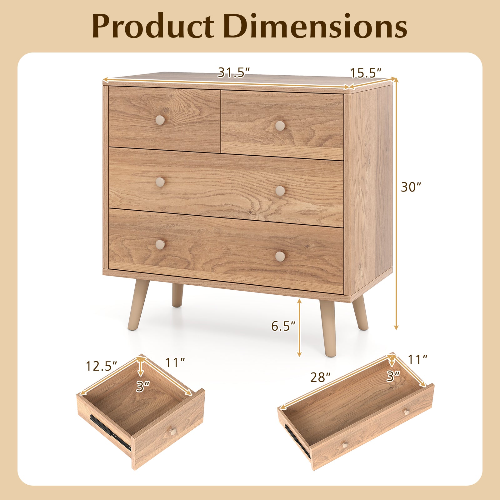 Wide Wooden Dresser with 4 Drawers for Bedroom Living Room-Natural
