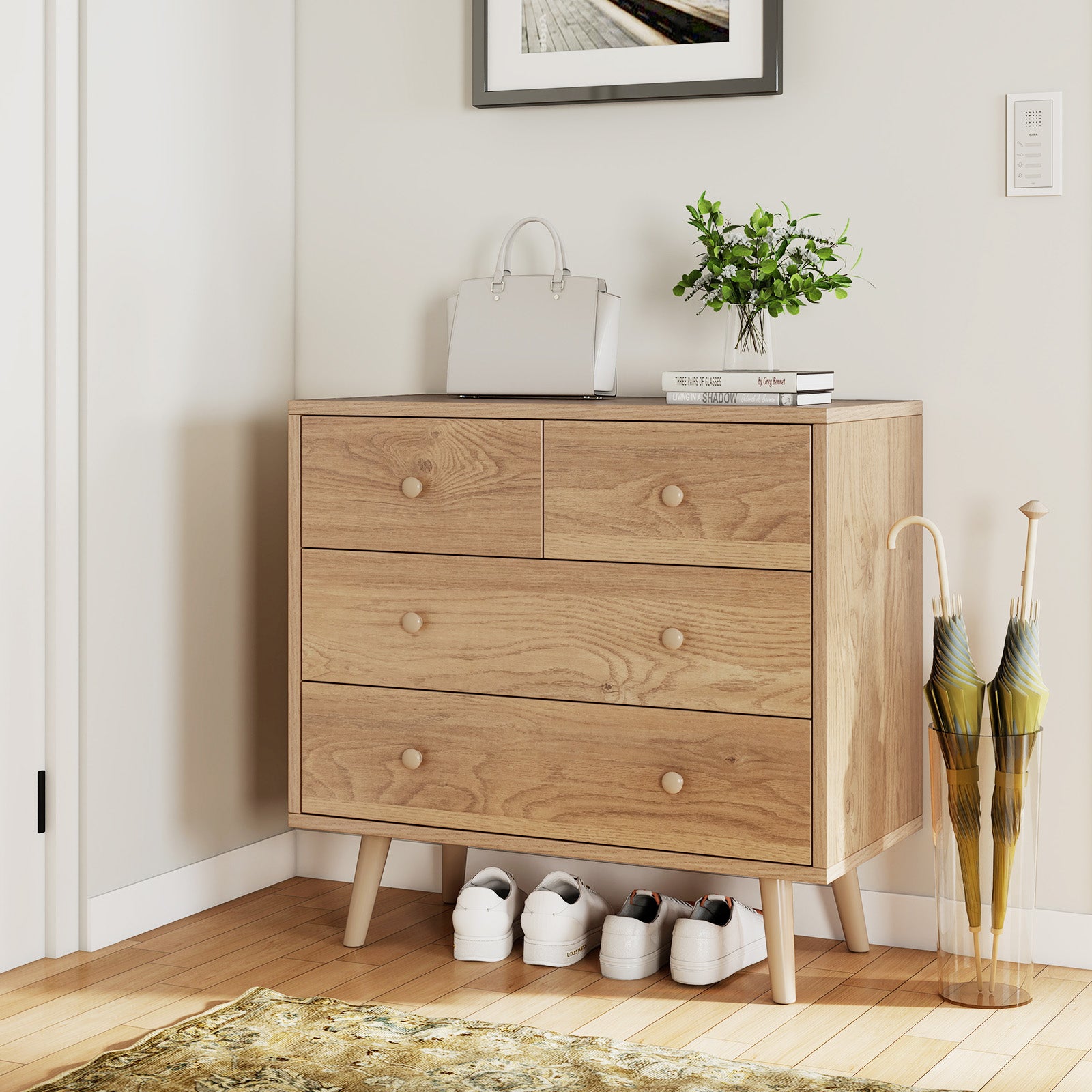 Wide Wooden Dresser with 4 Drawers for Bedroom Living Room-Natural
