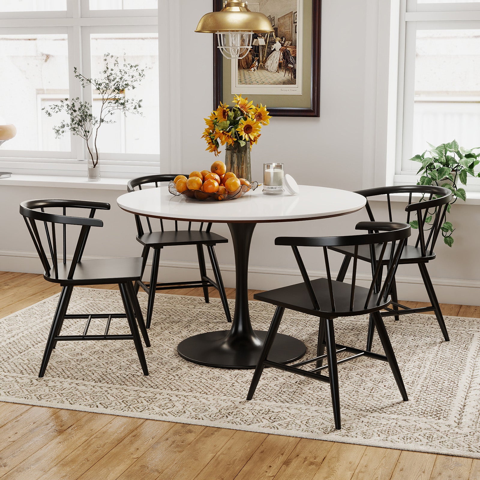 Windsor Dining Chair Set of 2 Mid-Century Modern Black Kitchen Chairs-Black