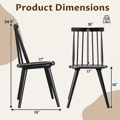 Windsor Dining Chair Set of 2 with Solid Rubber Wood Frame-Black
