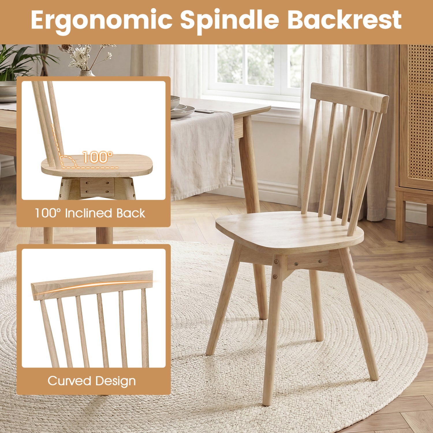 Windsor Dining Chairs Set of 2 Mid Century Rubber Wood Kitchen Chairs with Swivel Seat