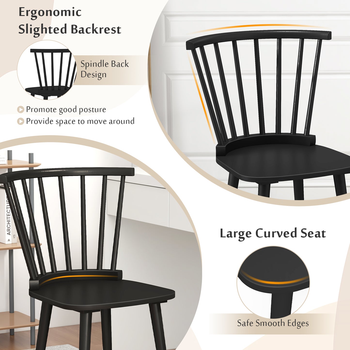 Windsor Dining Chairs Set of 2 Rubber Wood Kitchen Chairs with Spindle Back