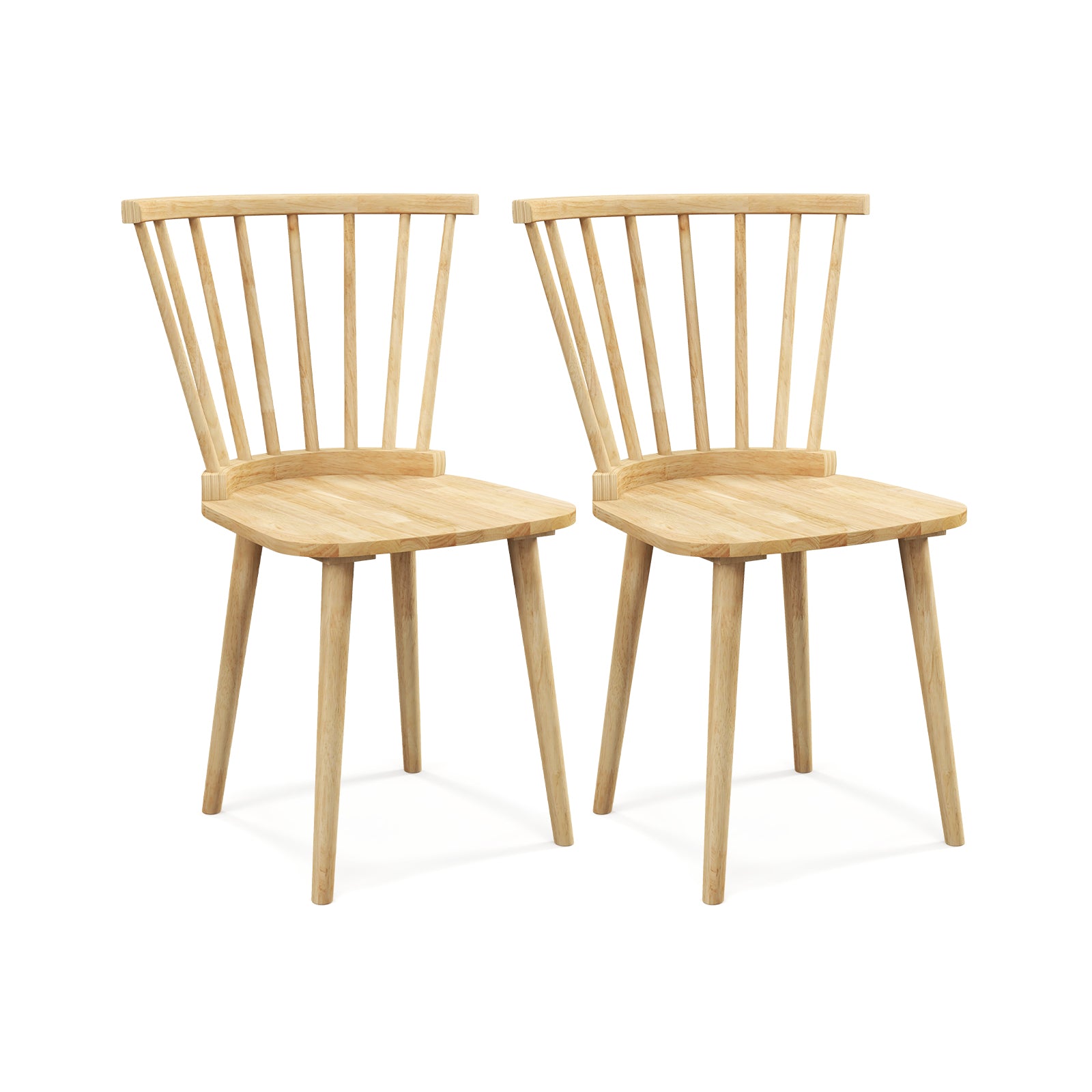 Windsor Dining Chairs Set of 2 Rubber Wood Kitchen Chairs with Spindle Back-Natural - Natural