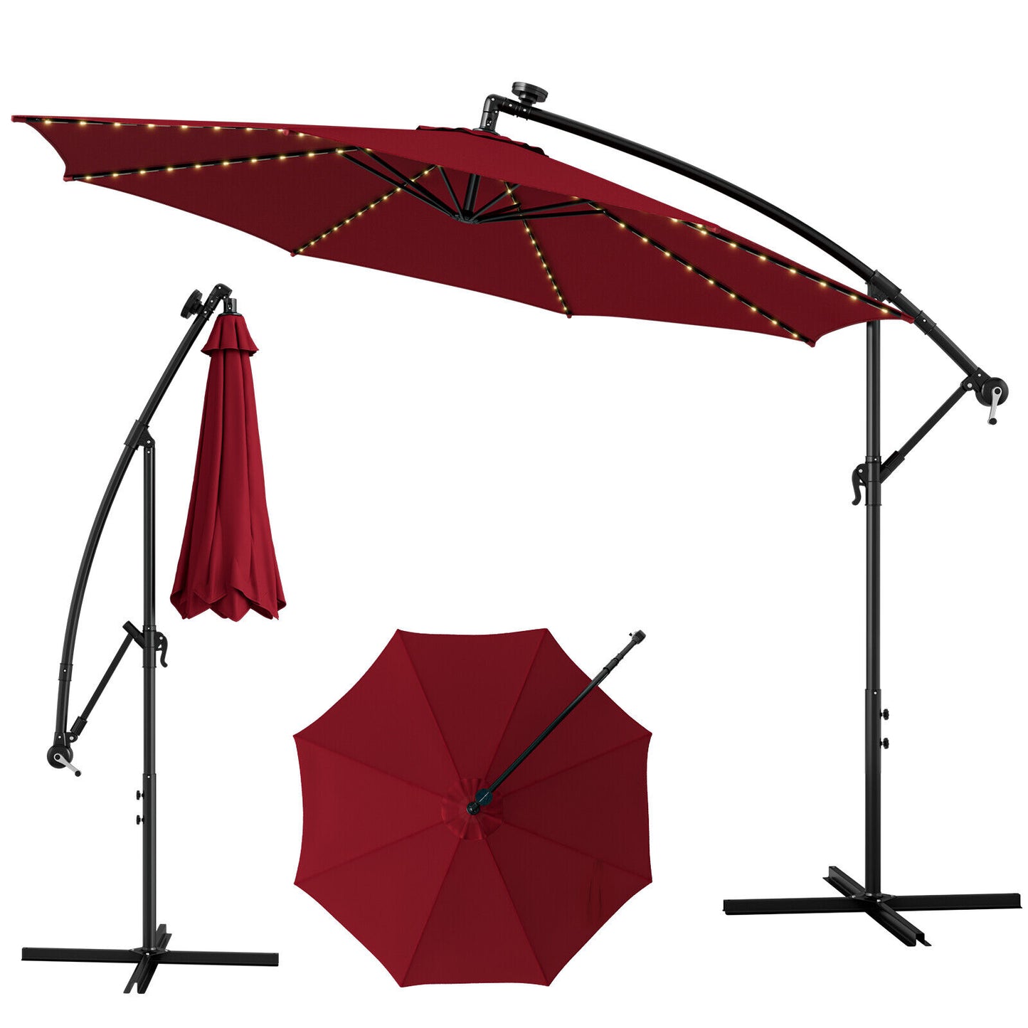 10 Feet Patio Offset Umbrella with 112 Solar-Powered LED Lights-Beige-Navy - Wine