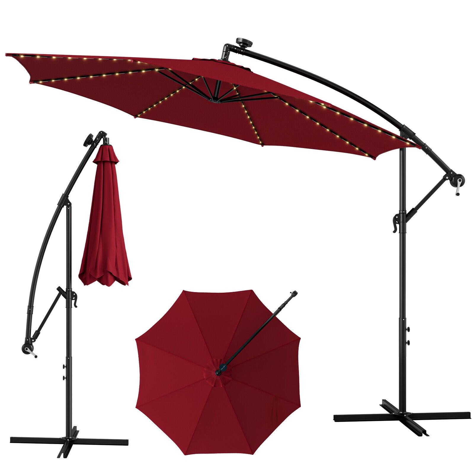 10 Feet Patio Offset Umbrella with 112 Solar-Powered LED Lights-Beige-Navy - Wine