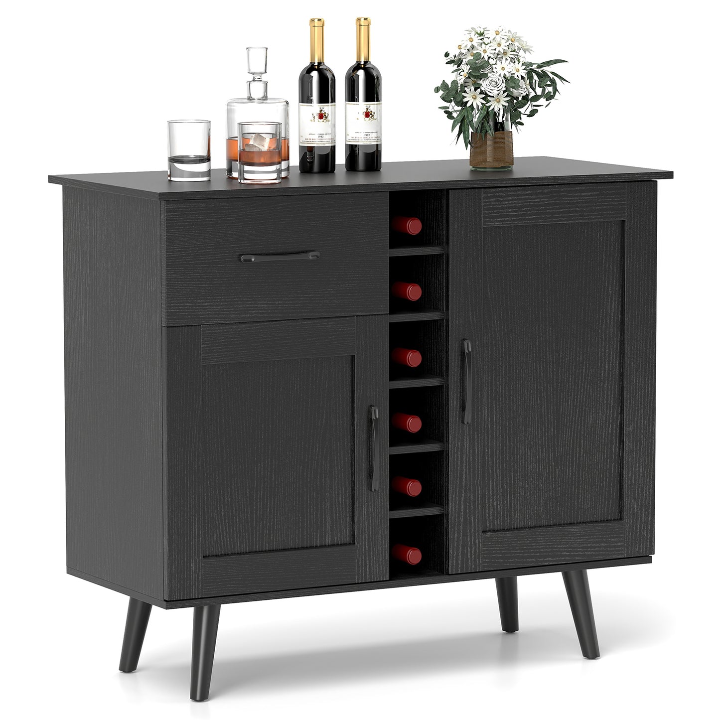 Modern Wine Bar Buffet Cabinet with 6-Bottle Wine Rack-White - Black