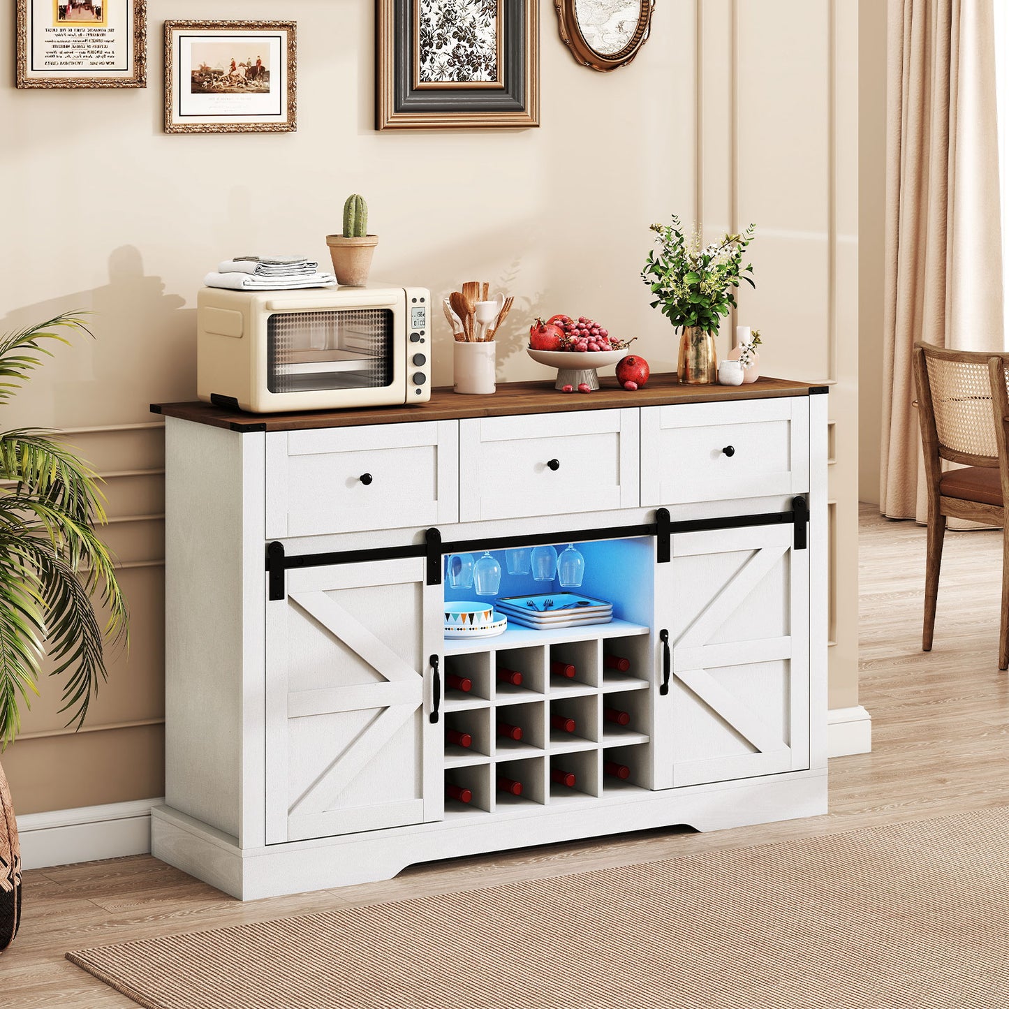 52 Inches Wine Bar Cabinet with LED Lights and Sliding Barn Doors-White