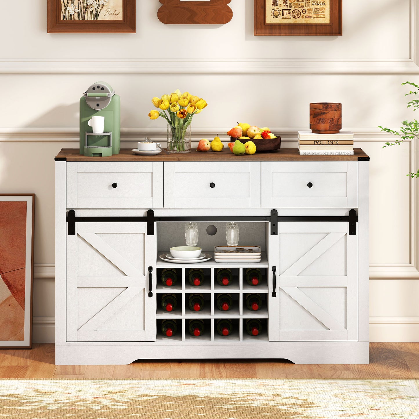 52 Inches Wine Bar Cabinet with LED Lights and Sliding Barn Doors-White