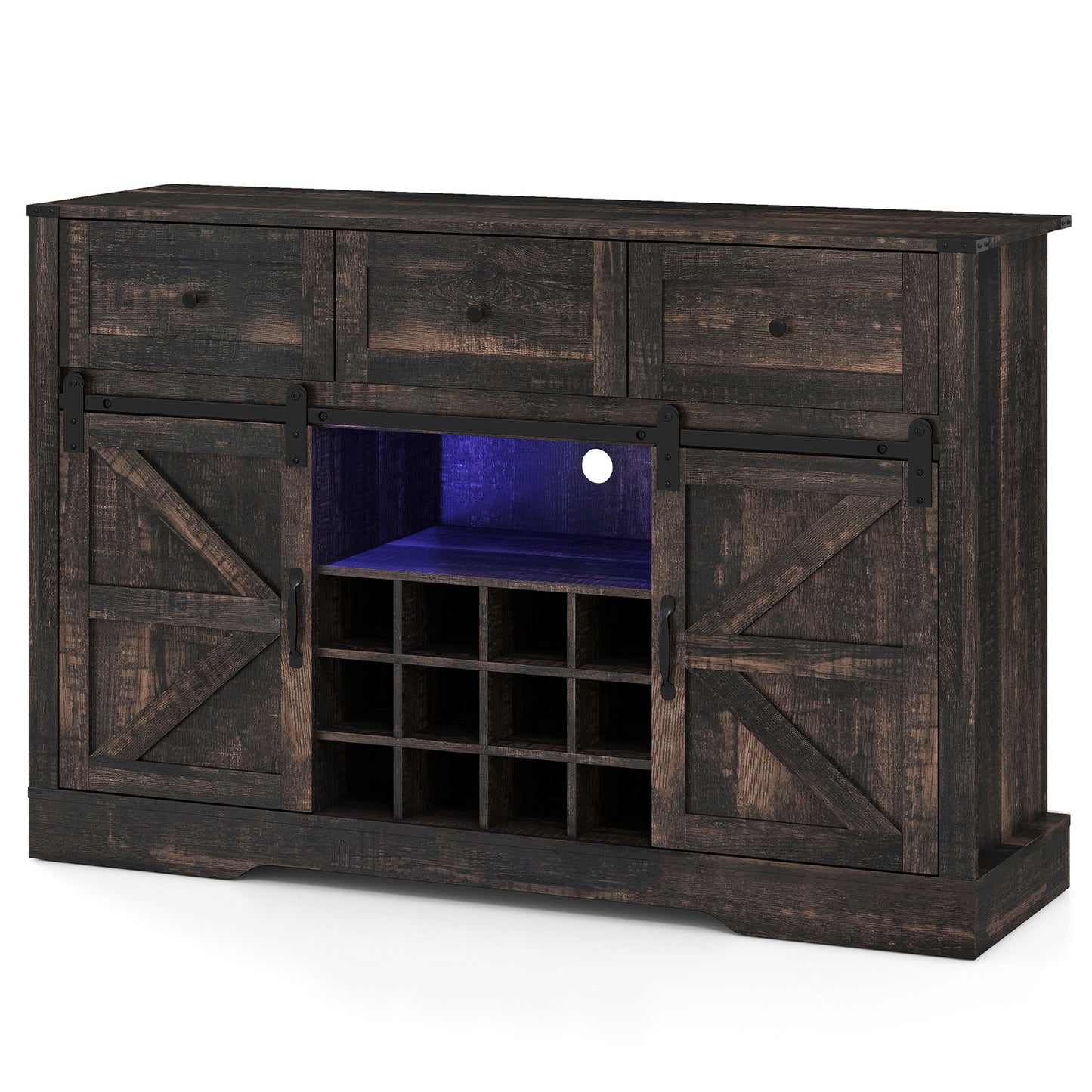 52 Inches Wine Bar Cabinet with LED Lights and Sliding Barn Doors-Black