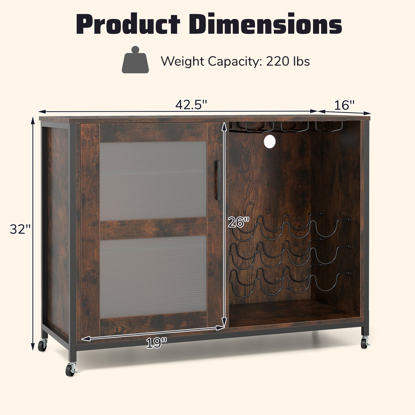 Wine Bar Cabinet with LED Light and Adjustable Shelves-Rustic Brown