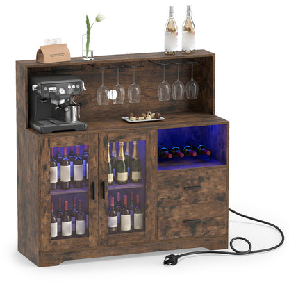 Wine Bar Cabinet with LED Lights and Charging Station