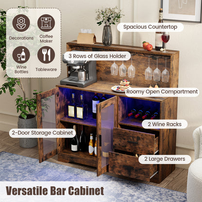 Wine Bar Cabinet with LED Lights and Charging Station