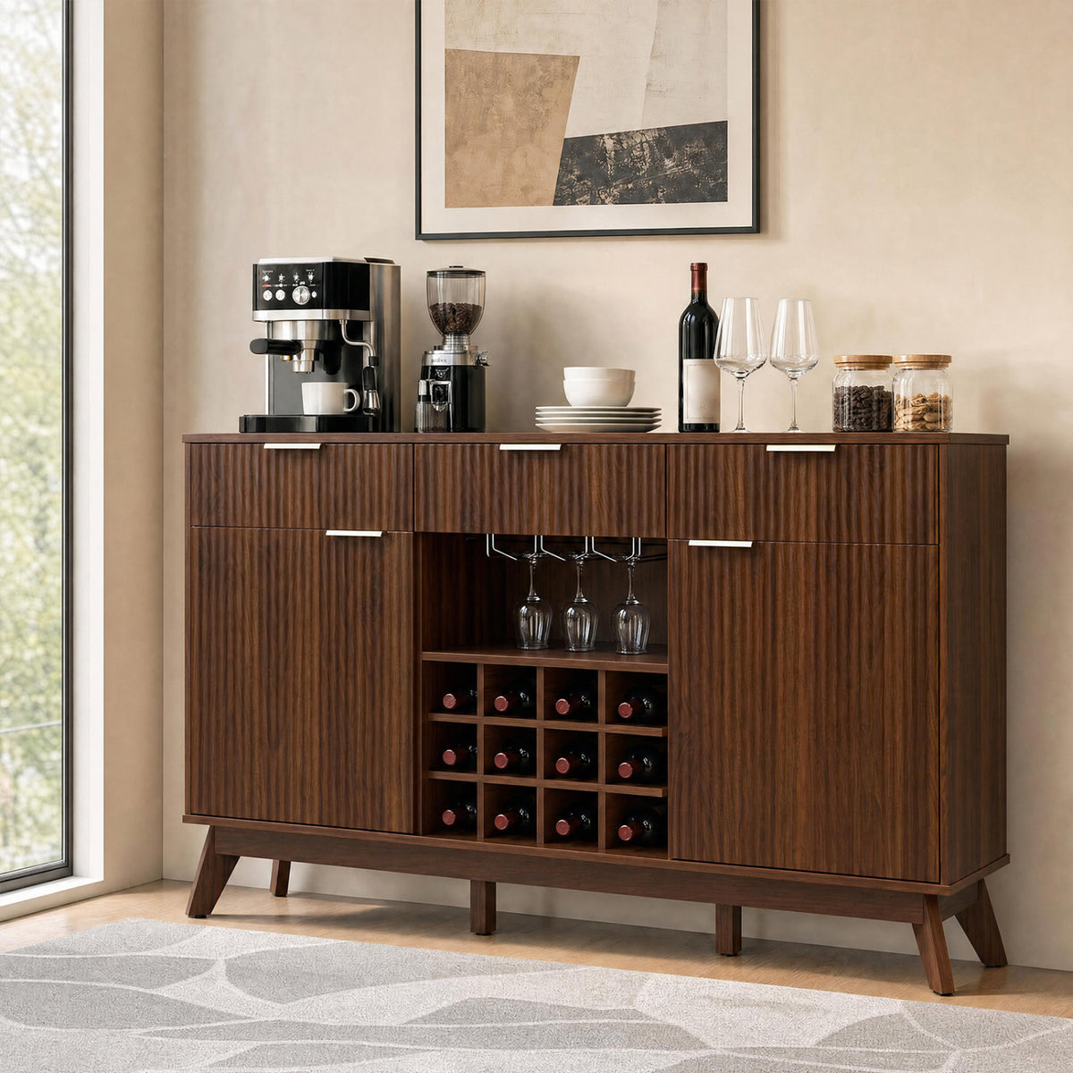 Wine Bar Cabinet with Adjustable Shelves and Glass Holders