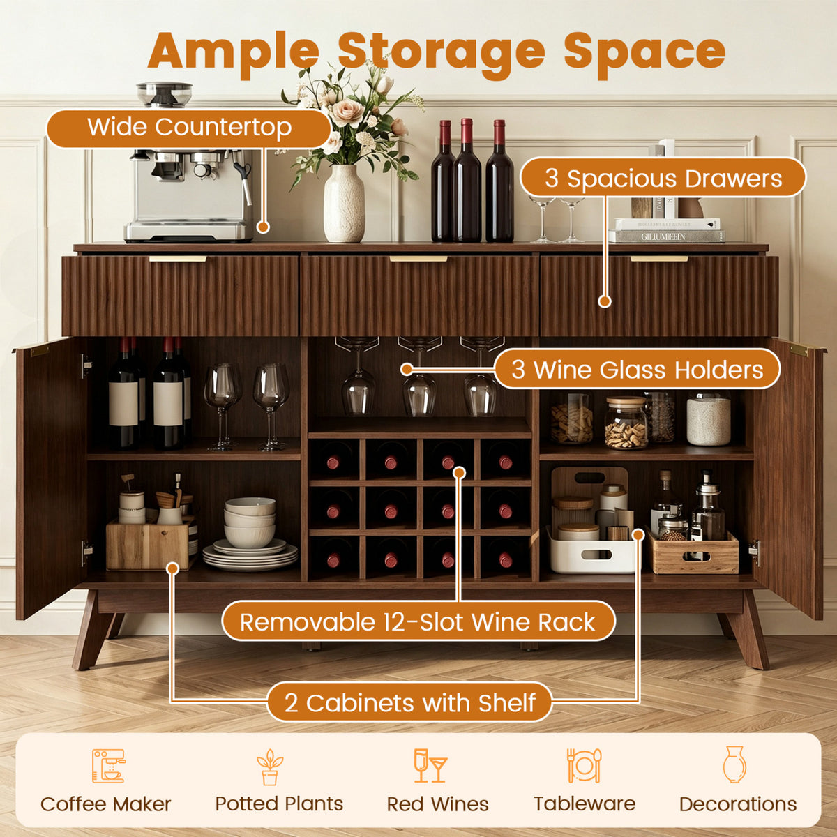 Wine Bar Cabinet with Adjustable Shelves and Glass Holders