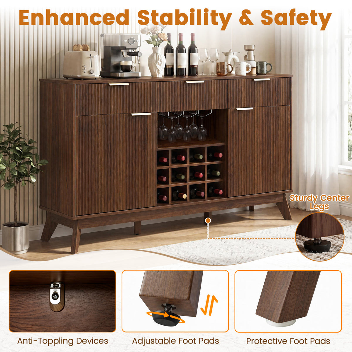 Wine Bar Cabinet with Adjustable Shelves and Glass Holders