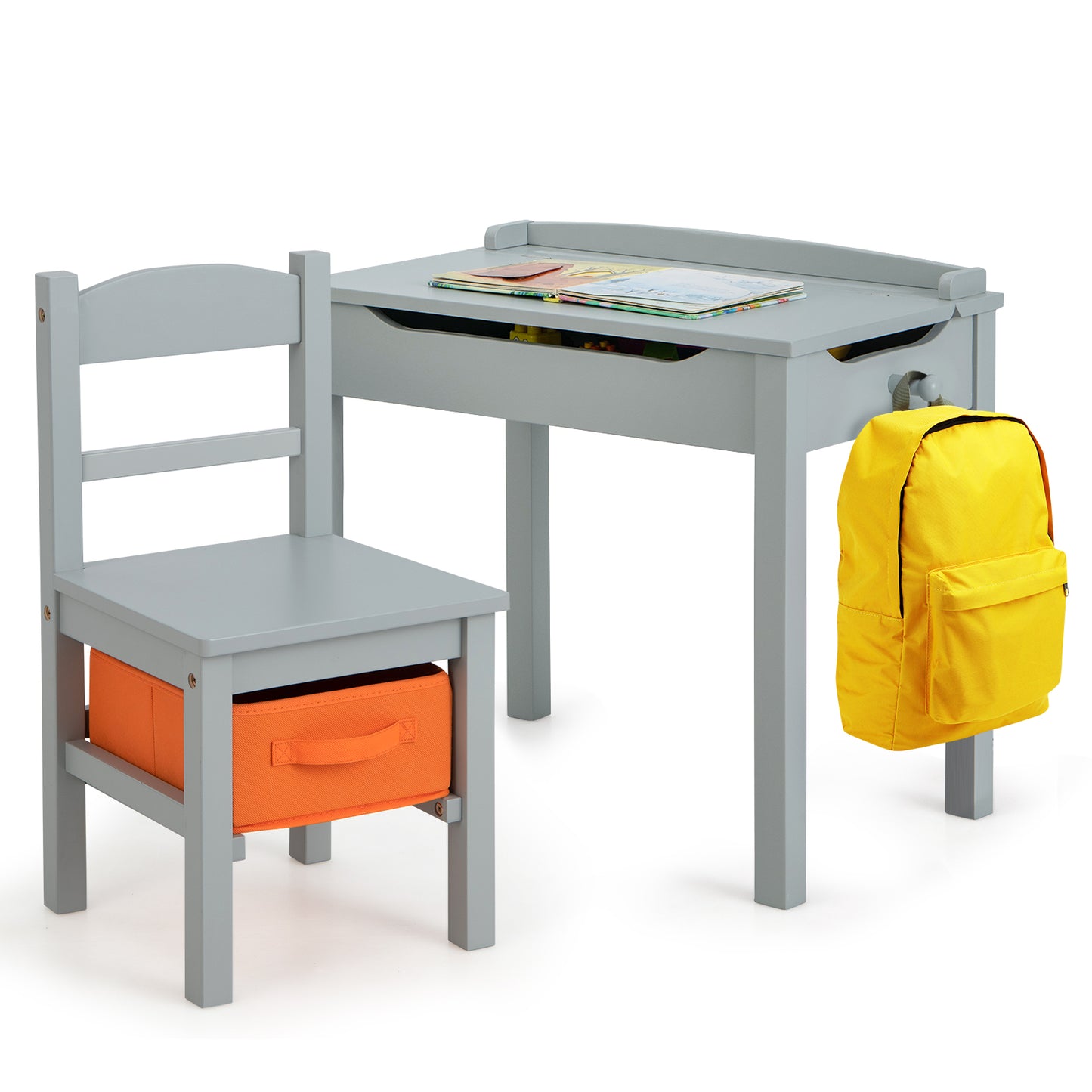 Wood Activity Kids Table and Chair Set with Storage Space-Dark Brown - Gray