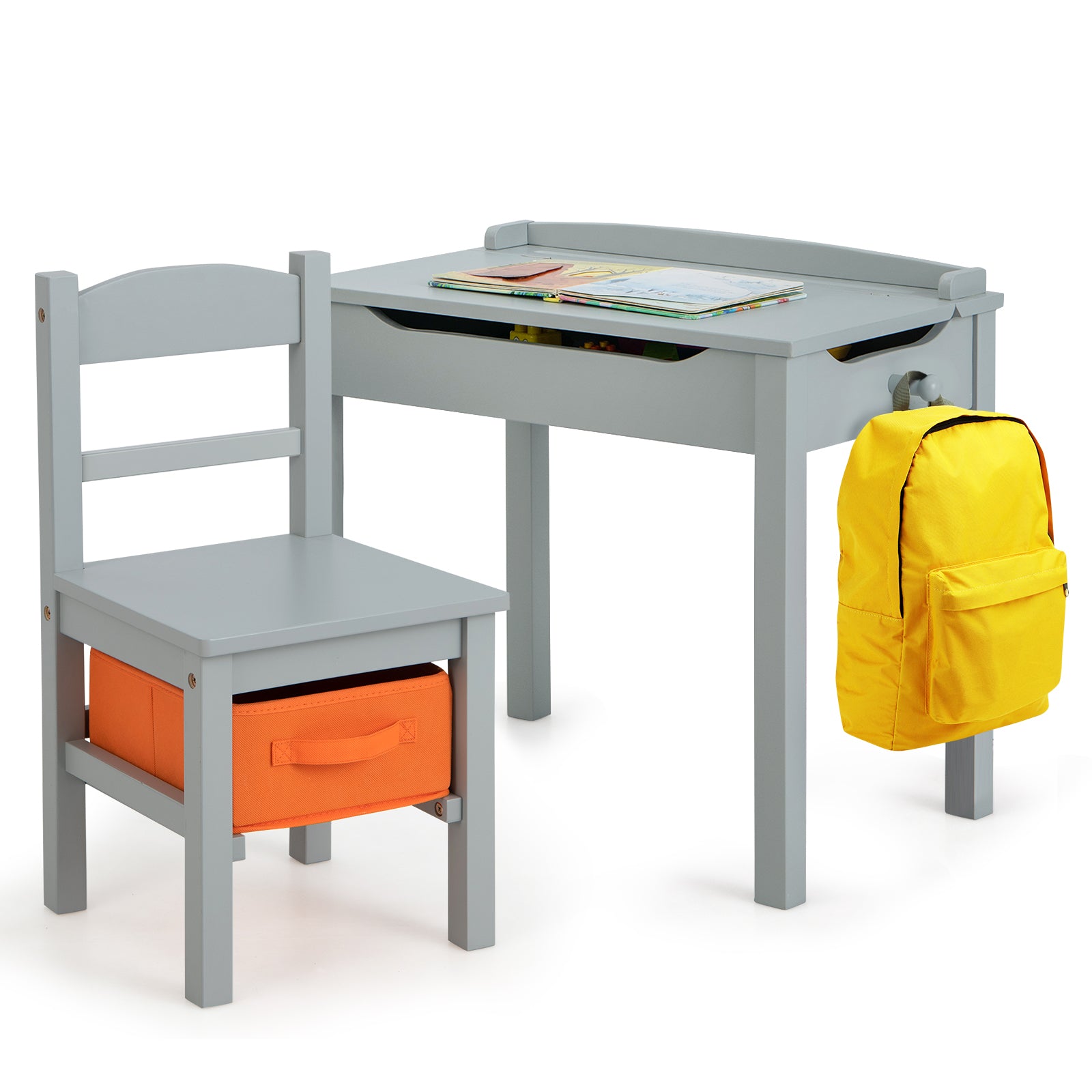 Wood Activity Kids Table and Chair Set with Storage Space-Dark Brown - Gray