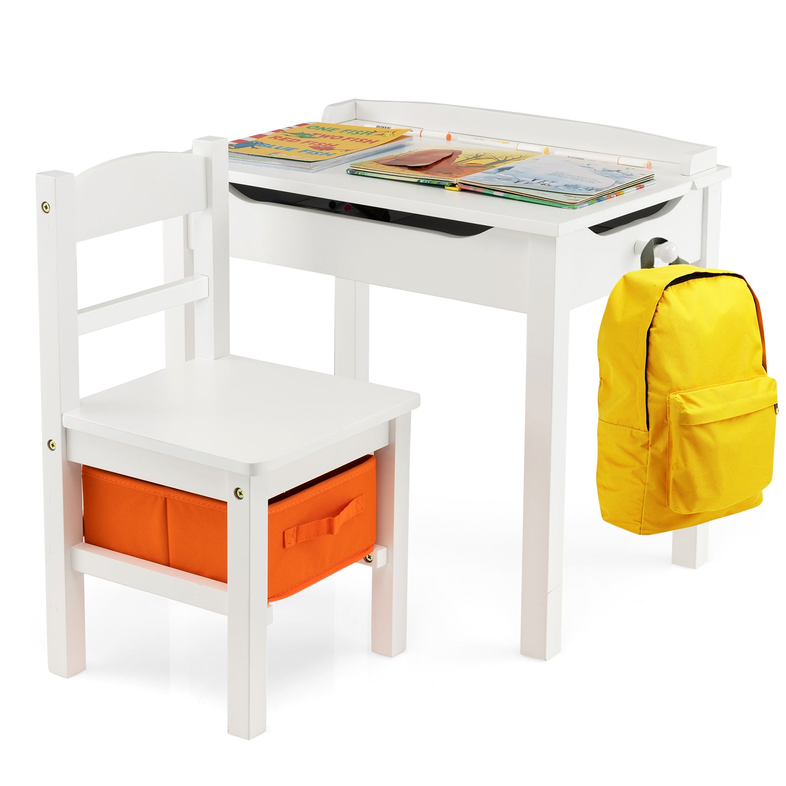 Wood Activity Kids Table and Chair Set with Storage Space-Dark Brown - White