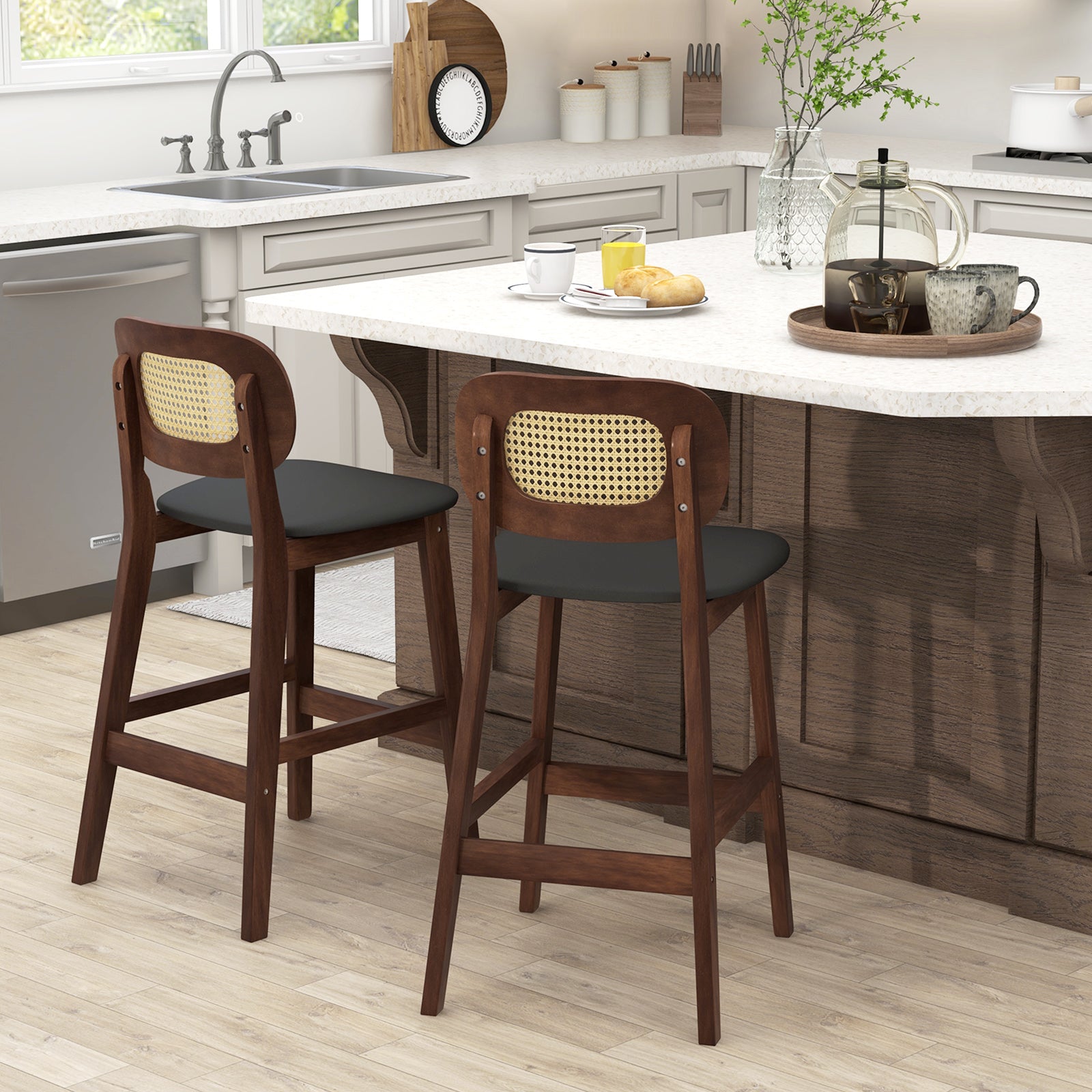 Wood Bar Chairs with PE Rattan Backrest Padded Seat and Footrest-Brown