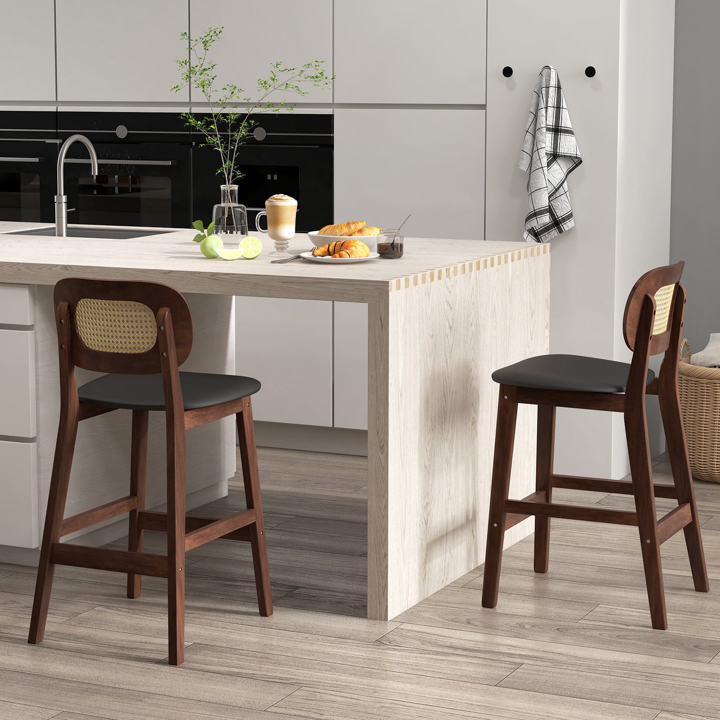 Wood Bar Chairs with PE Rattan Backrest Padded Seat and Footrest-Brown