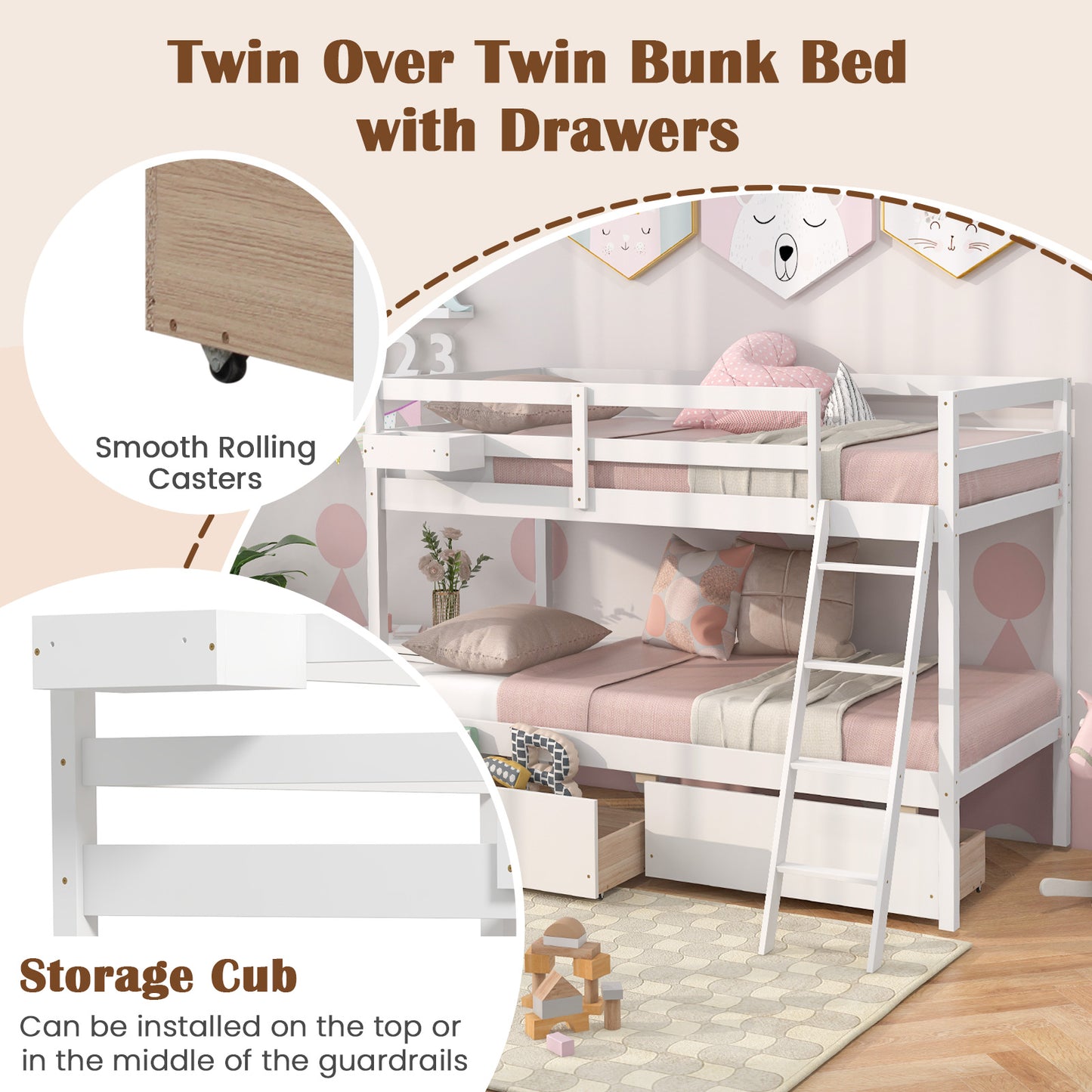 Twin Over Twin Bunk Bed Wood Bed Frame with 2 Storage Drawers and Ladder