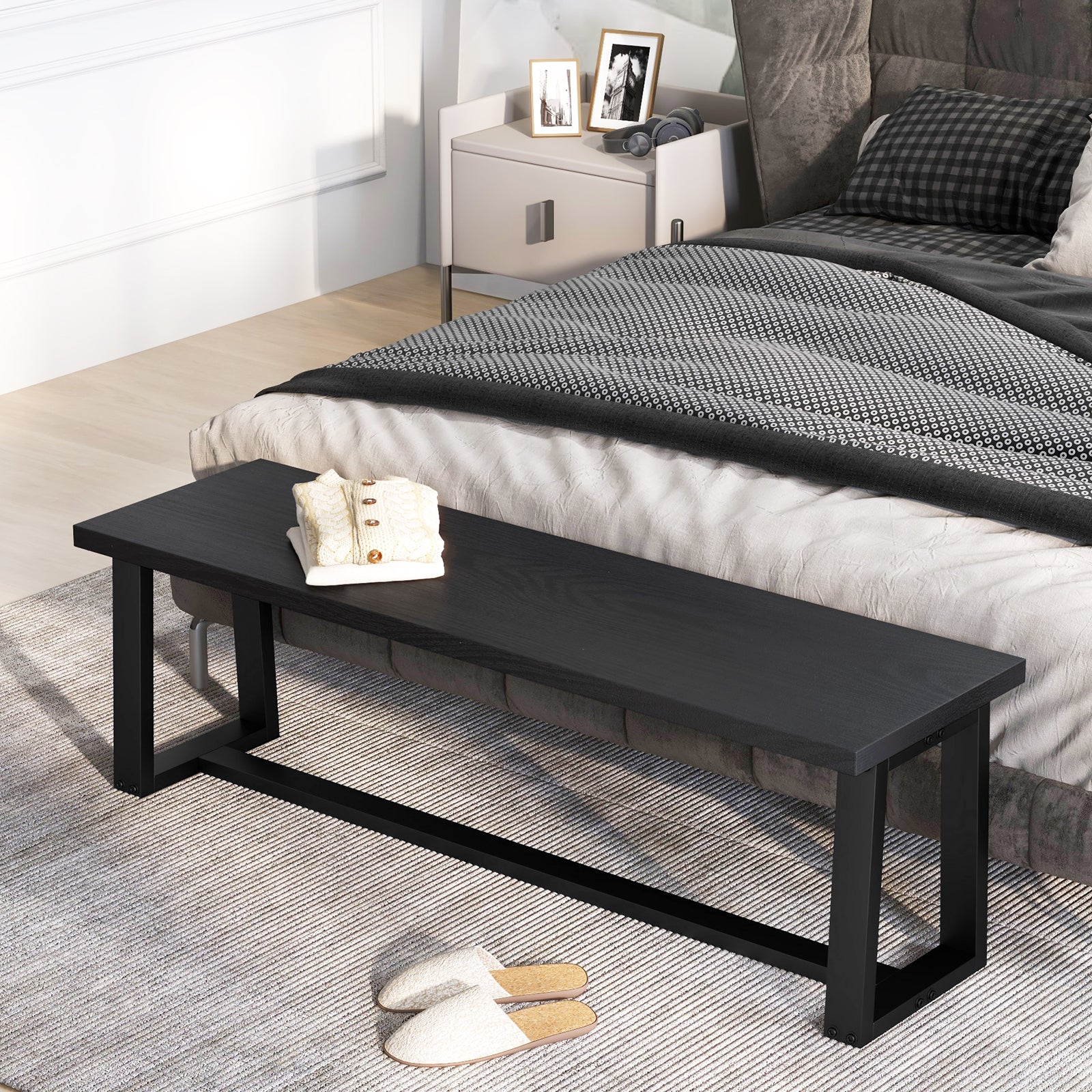 Wood Dining Bench with Metal Frame and Adjustable Footpads-Black