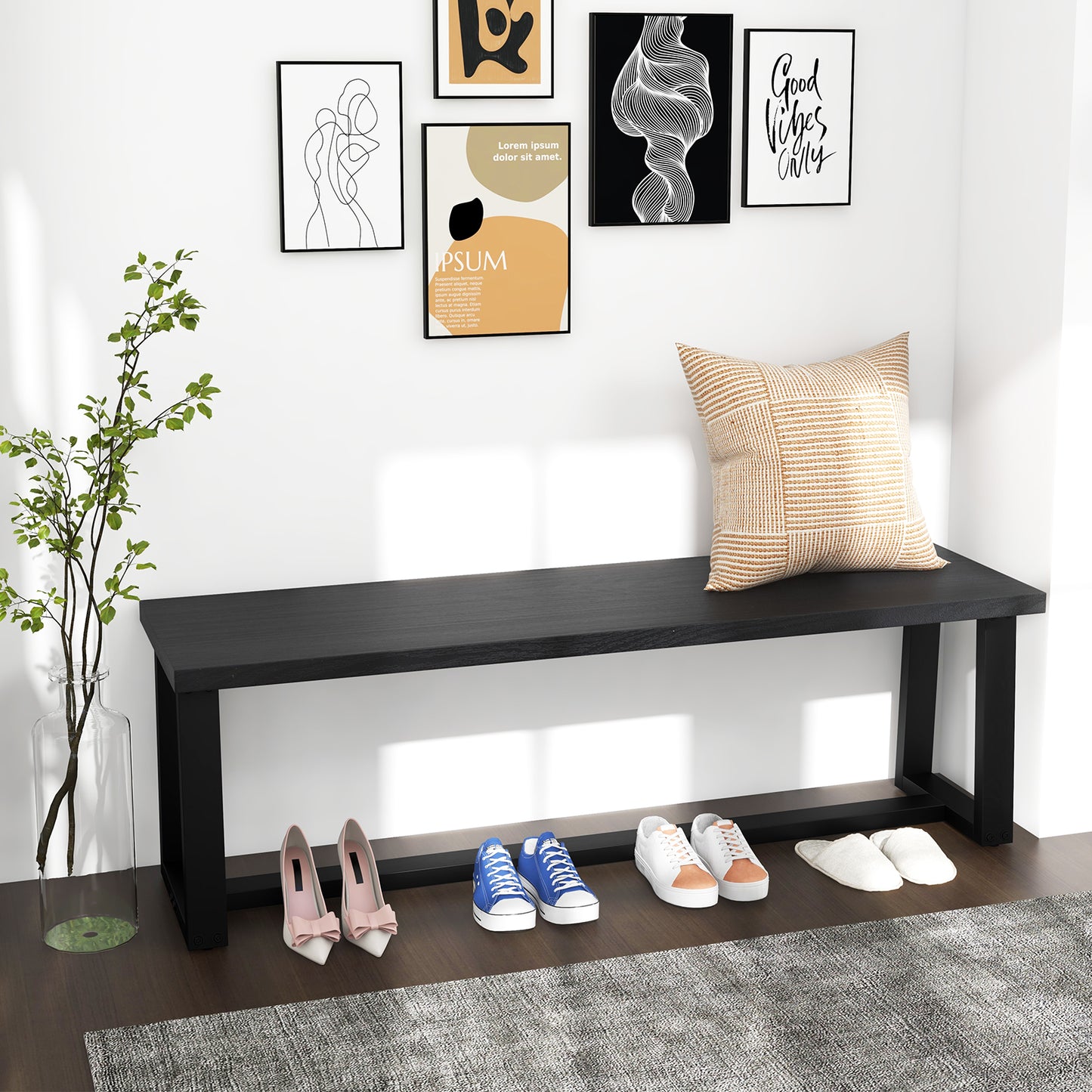 Wood Dining Bench with Metal Frame and Adjustable Footpads-Black