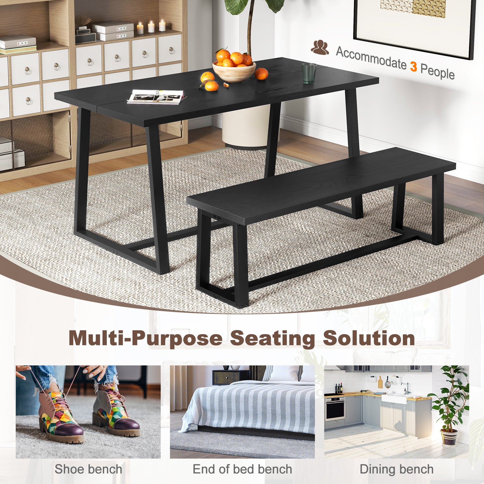 Wood Dining Bench with Metal Frame and Adjustable Footpads-Black