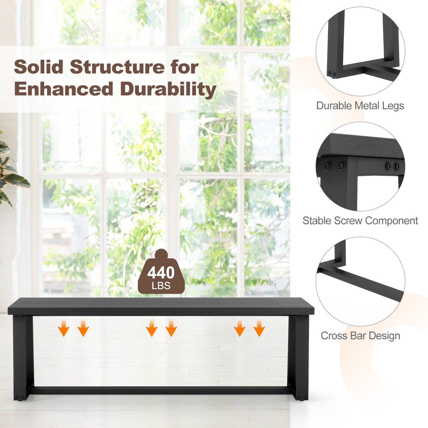 Wood Dining Bench with Metal Frame and Adjustable Footpads-Black