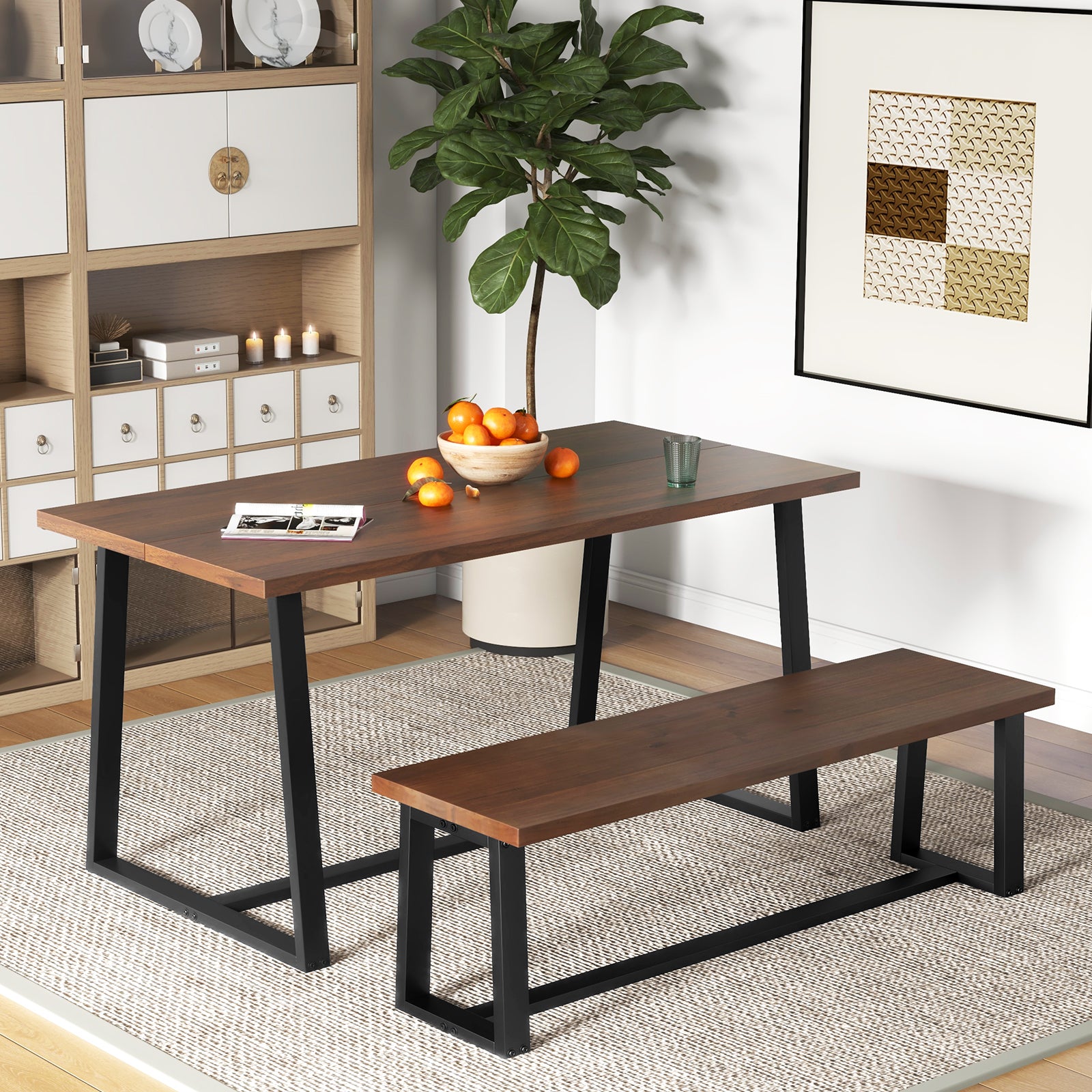 Wood Dining Bench with Metal Frame and Adjustable Footpads-Coffee