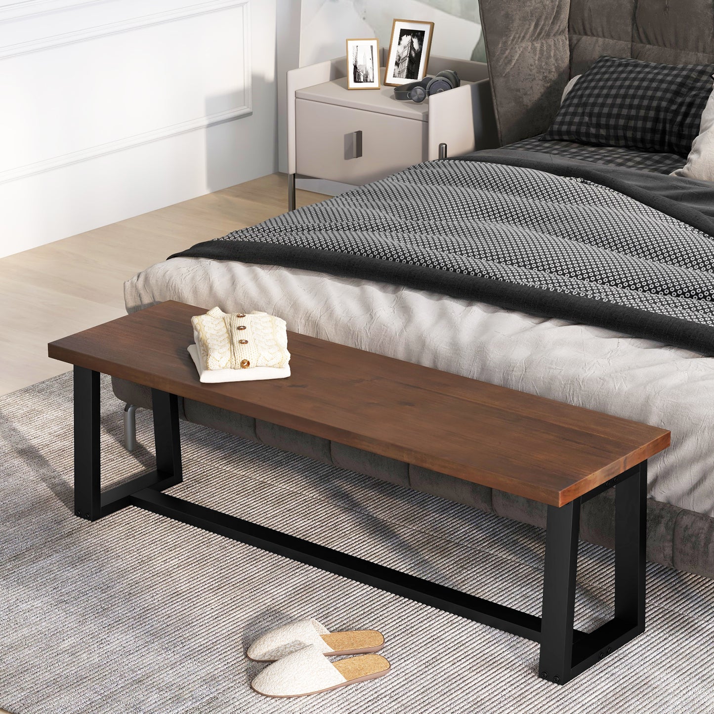 Wood Dining Bench with Metal Frame and Adjustable Footpads-Coffee