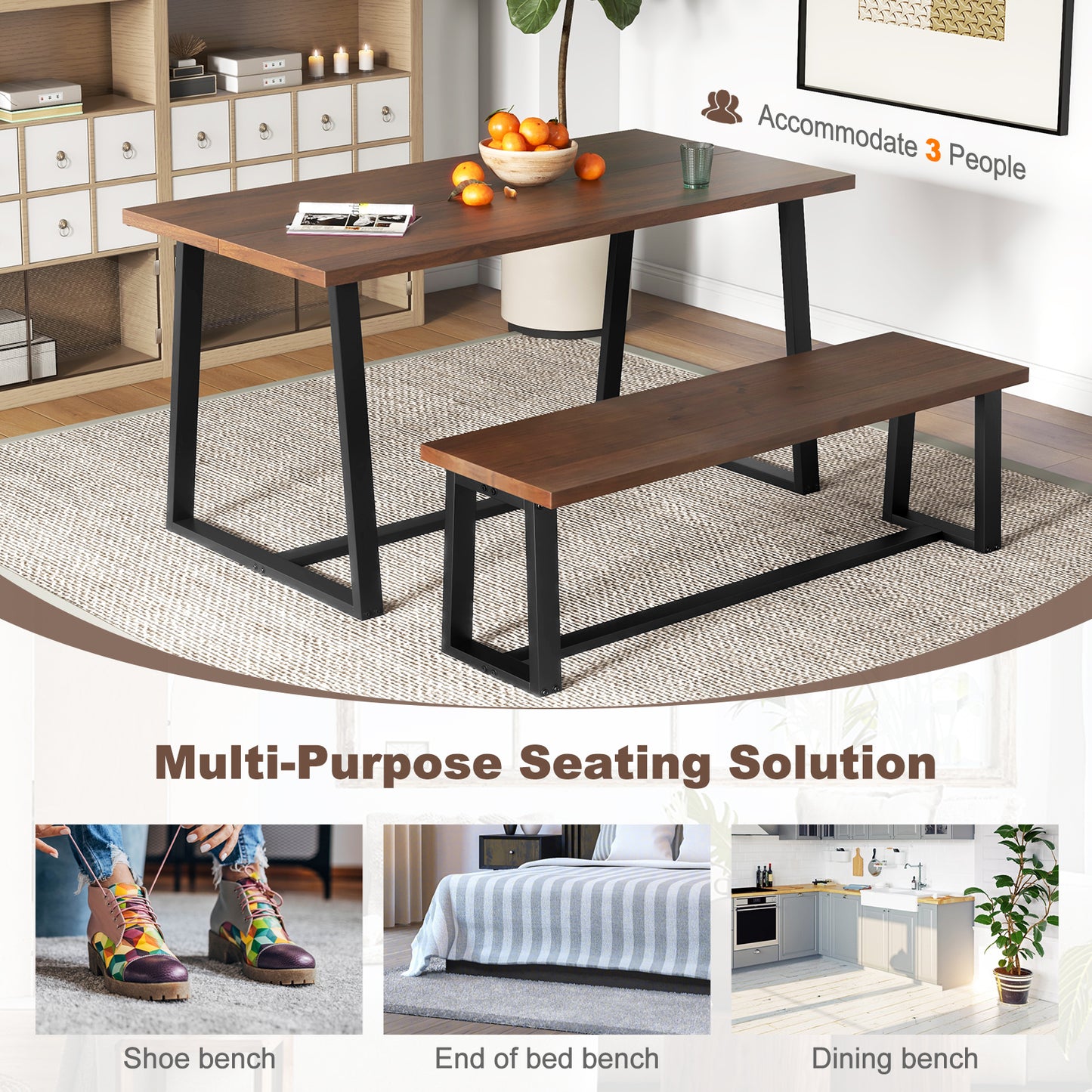 Wood Dining Bench with Metal Frame and Adjustable Footpads-Coffee